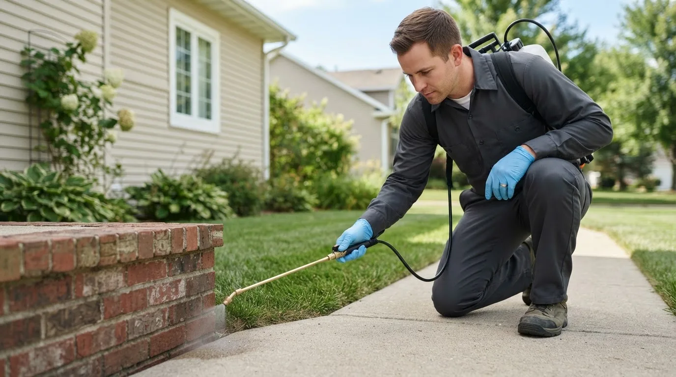 Pest control technician treating a home near Jarratt, VA